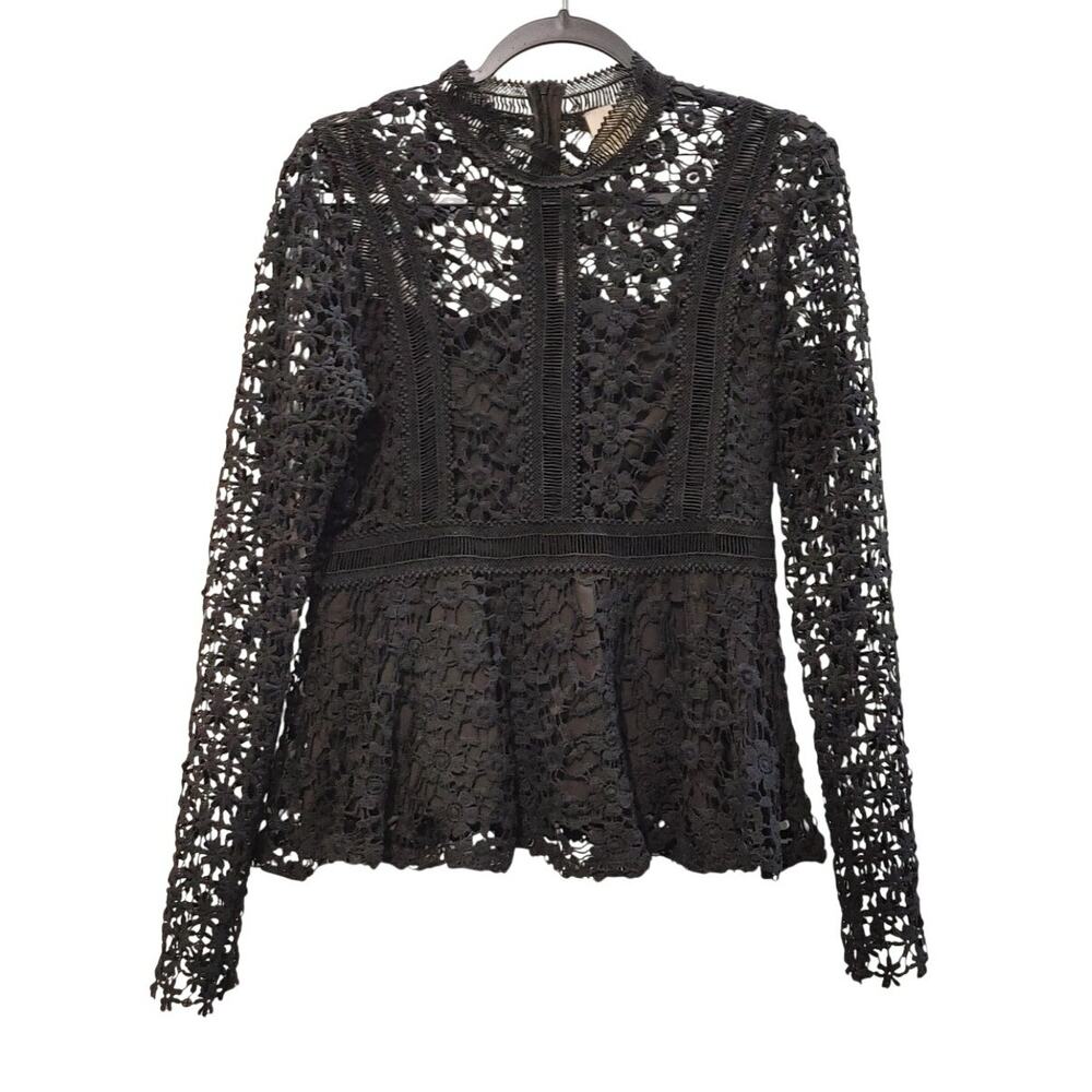I.Madeline Lace Long Sleeve Black Lined Peplum Blouse Top Womens Large - Picture 2 of 10